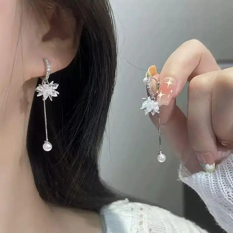Clear Long Pearl Ice Flower Earrings