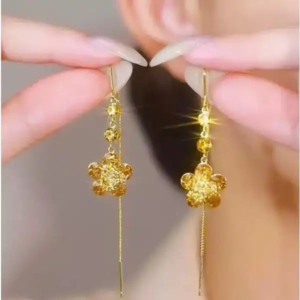 Coffee Brown Floral Crystal Tassel Drop Earrings