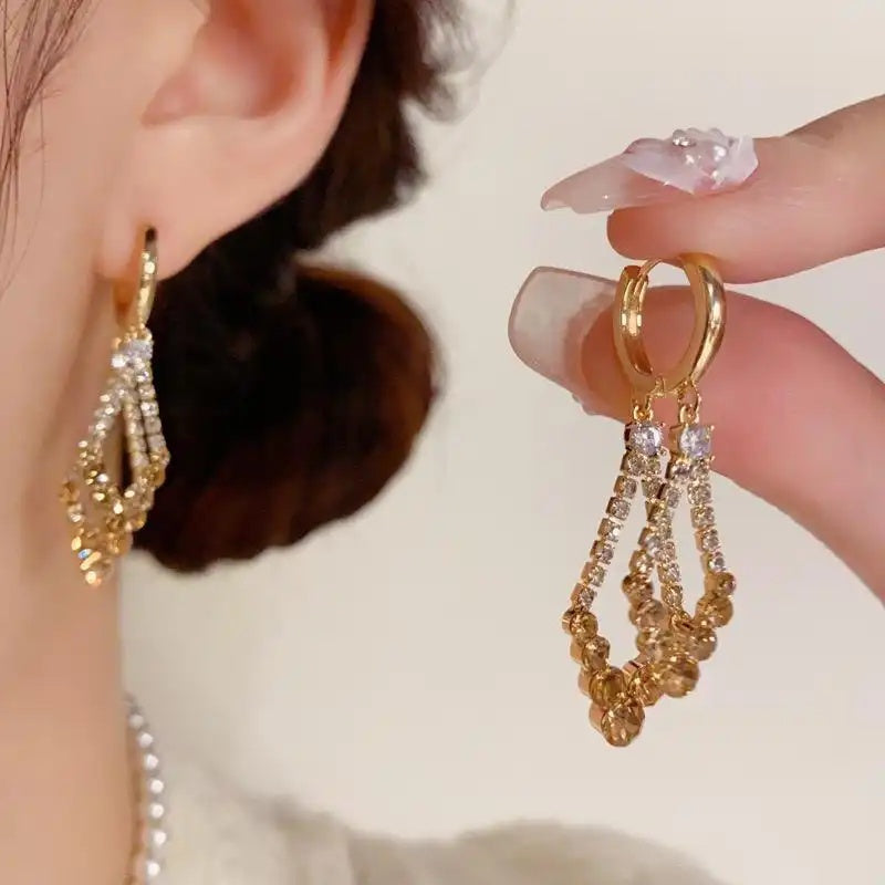 Coffee Color Crystal Double Layer Ear Cuffs