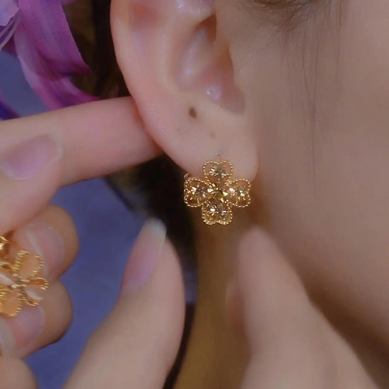 Coffee Color Crystal Heart Flower Earrings
