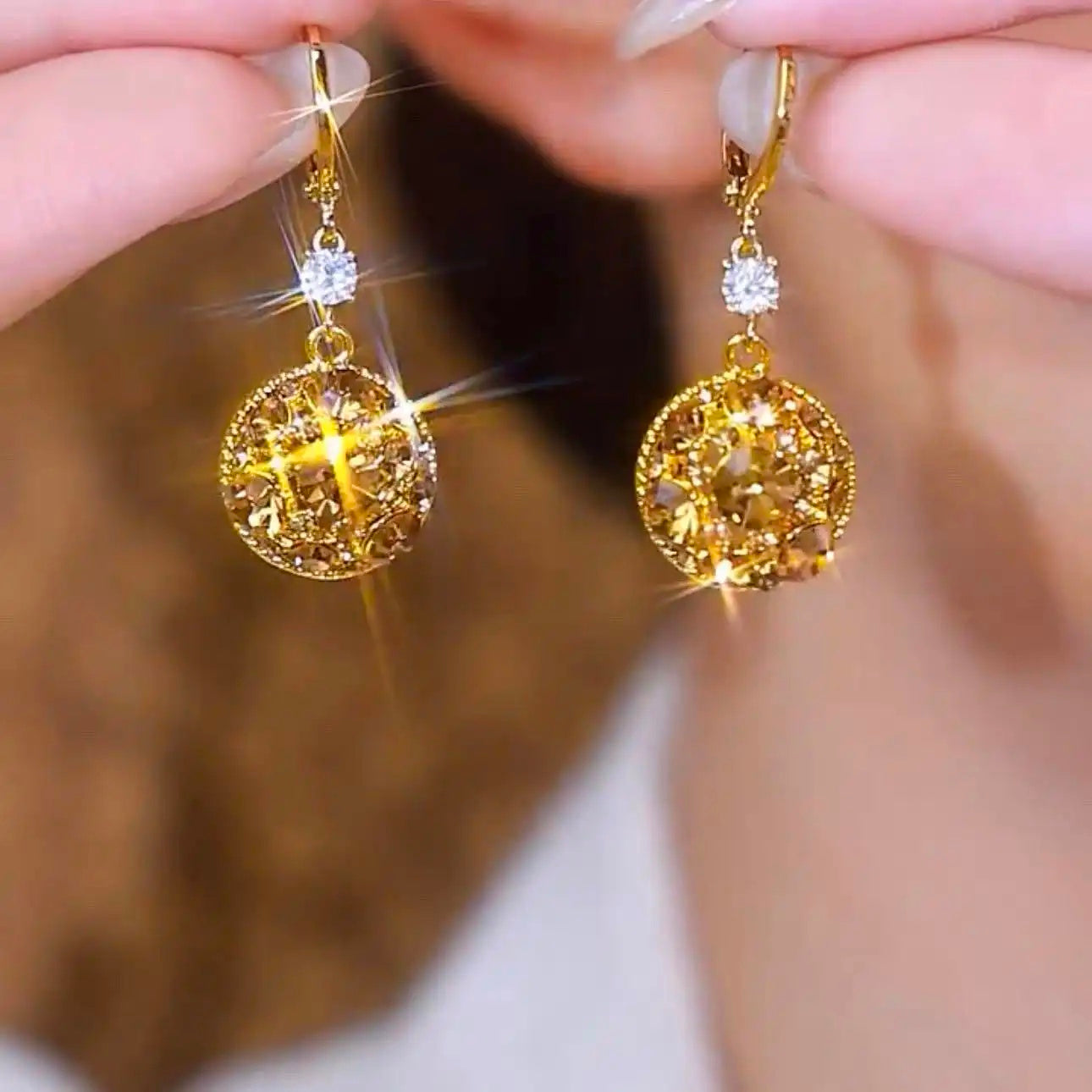Coffee-Colored Crystal Round 2 Ear Earrings