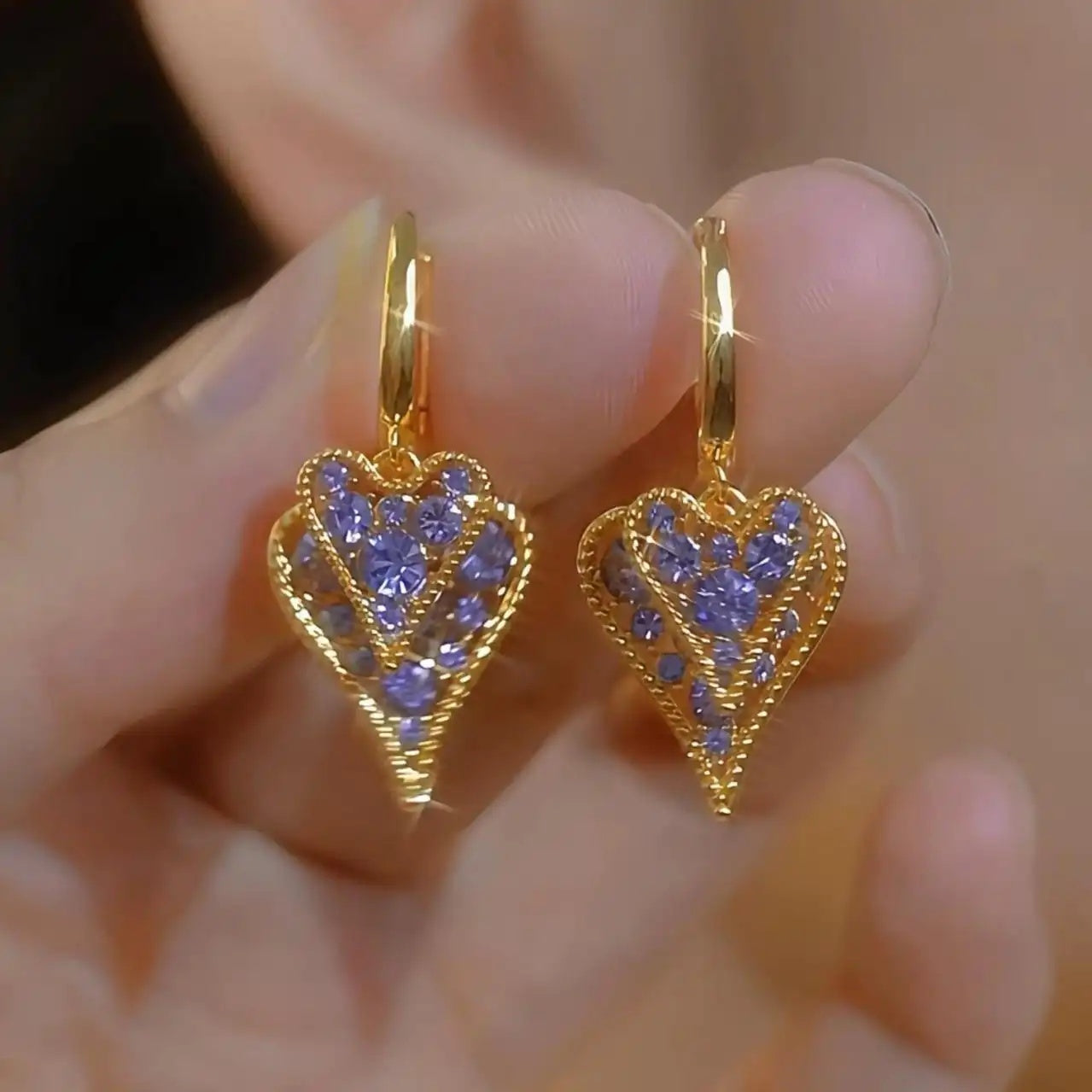 Coffee Crystal Double-Layer Hollow Heart Earrings