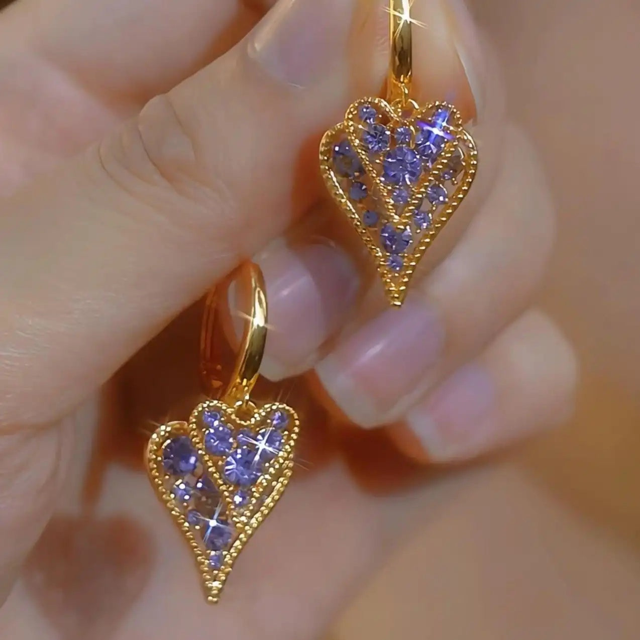Coffee Crystal Double-Layer Hollow Heart Earrings
