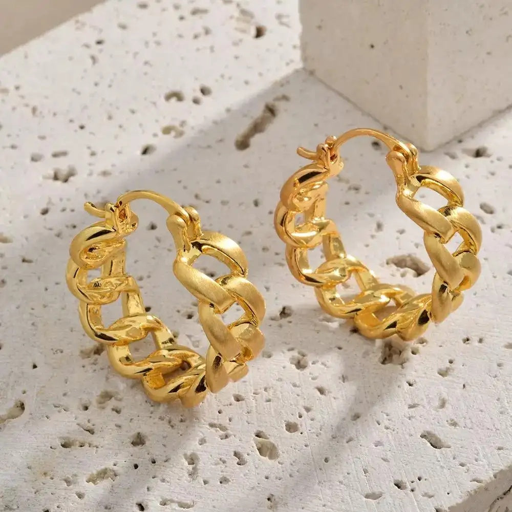 Cold Gold Brushed Chain Hoop Earrings