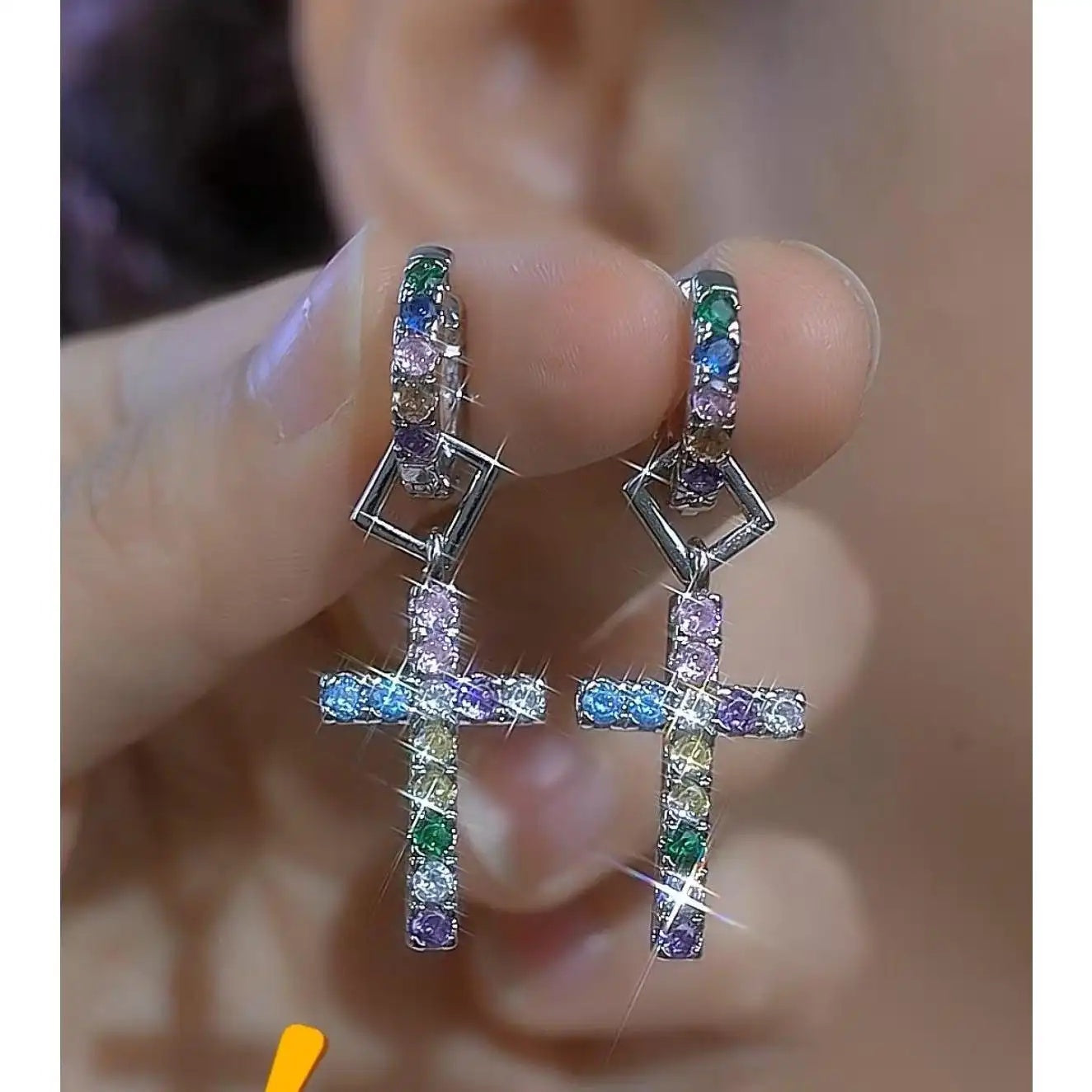 Color Crystal Geometric Cross On Hoop Earrings