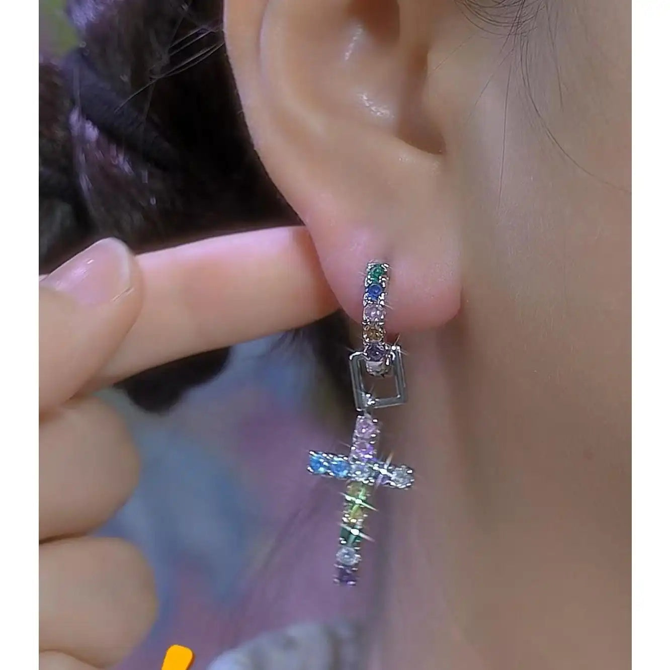 Color Crystal Geometric Cross On Hoop Earrings
