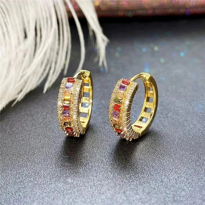 Colorful Crystal Brass Hoop Earrings