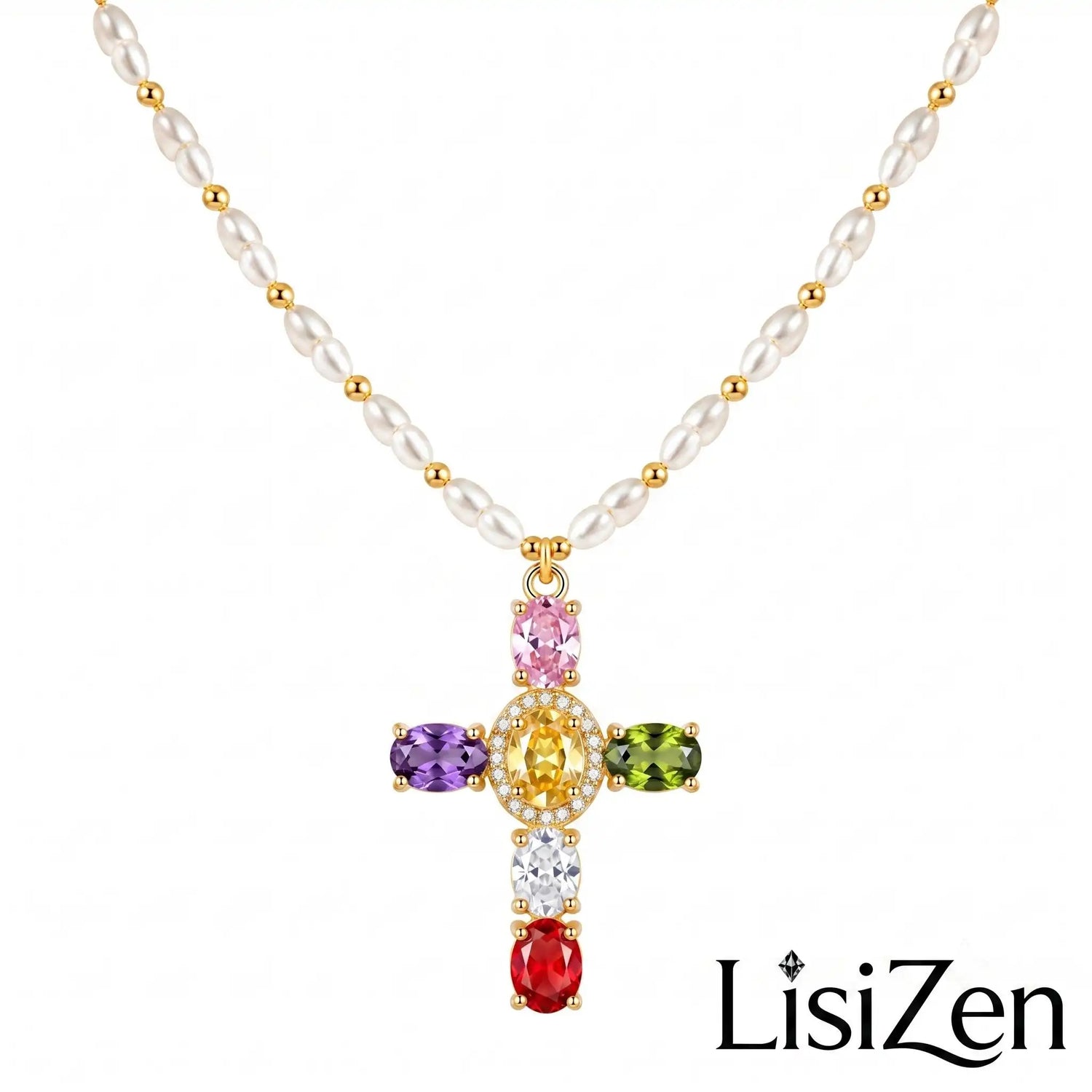 Colorful Crystal Cross Pearl Vintage Necklace