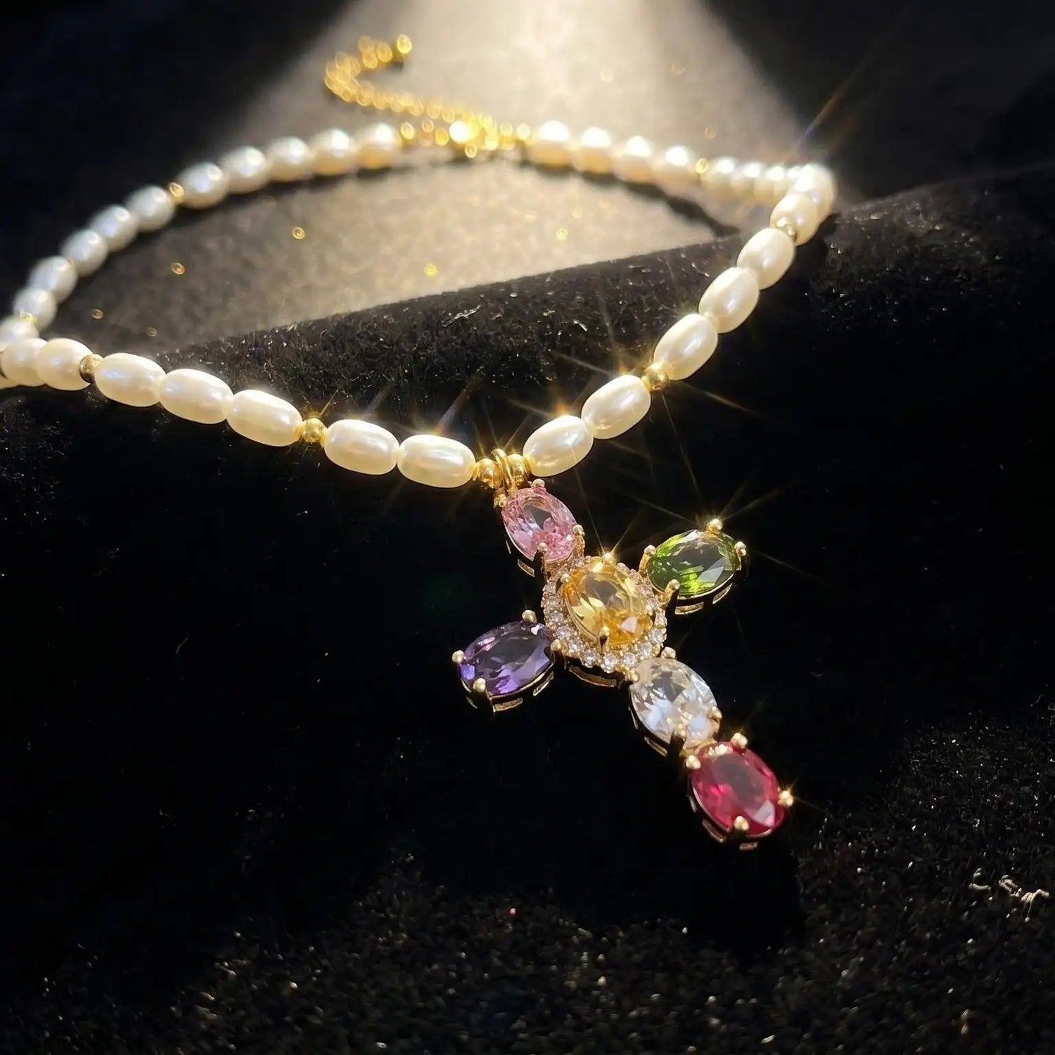 Colorful Crystal Cross Pearl Vintage Necklace