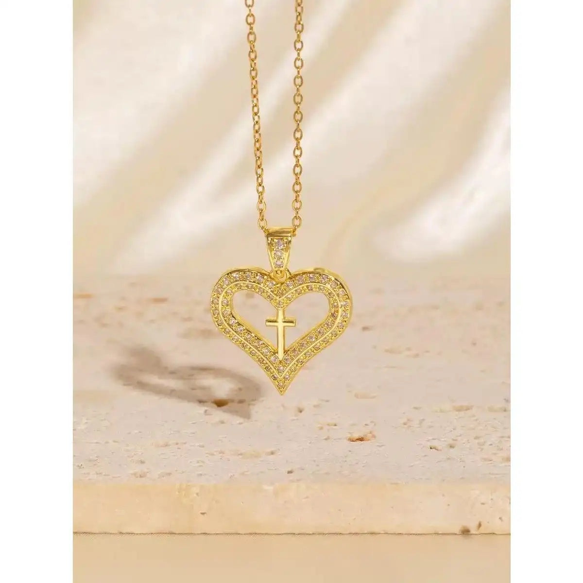 Colorful Crystal Heart Cross Necklace