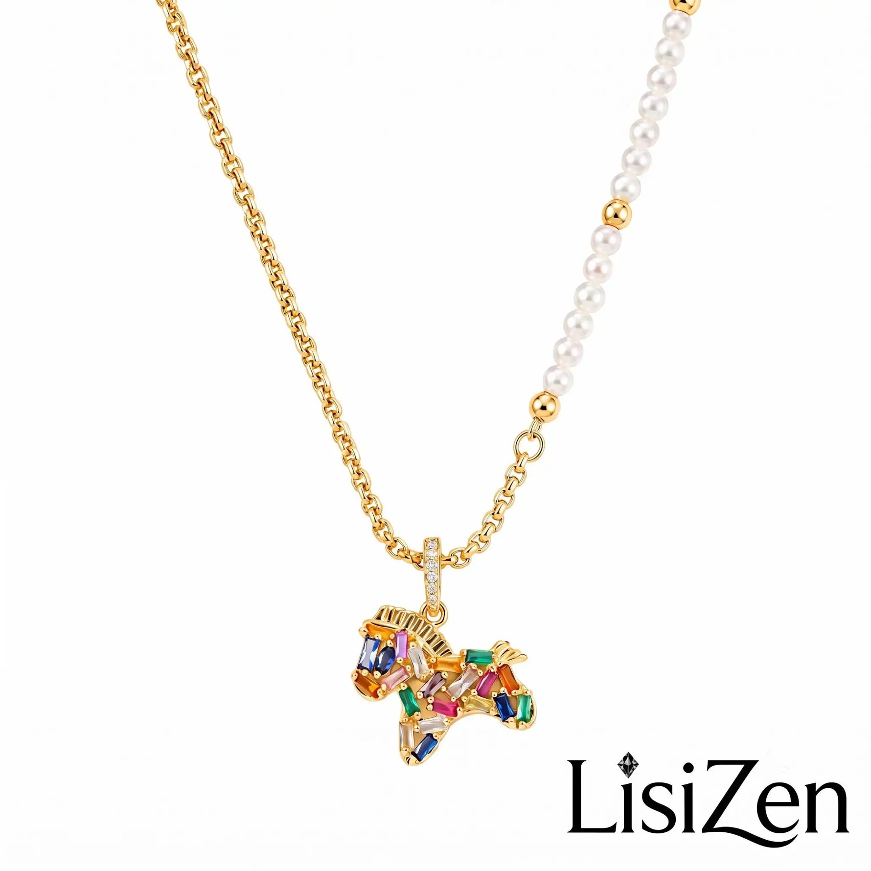 Colorful Crystal Pony Pearl Spring Pendant Necklace