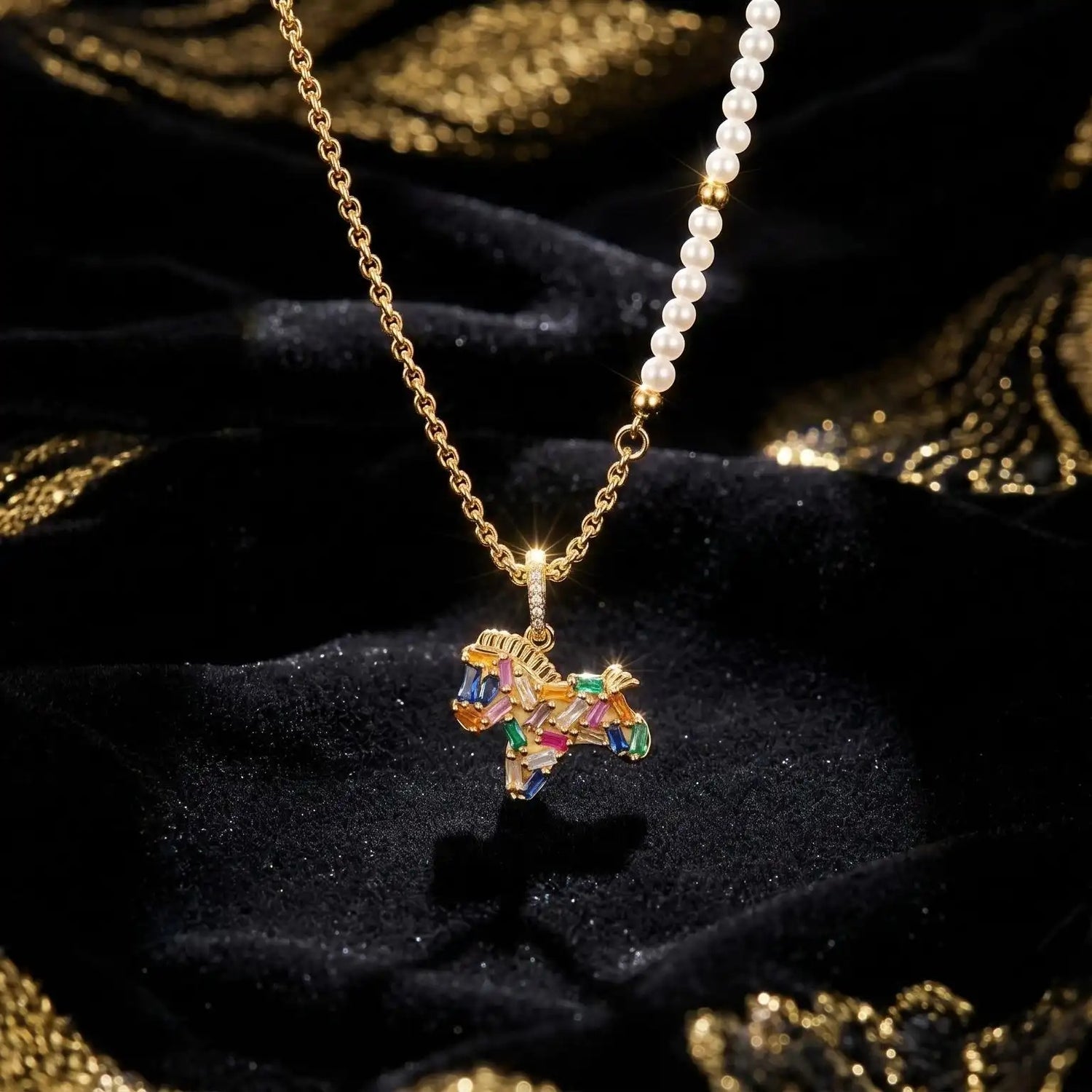 Colorful Crystal Pony Pearl Spring Pendant Necklace