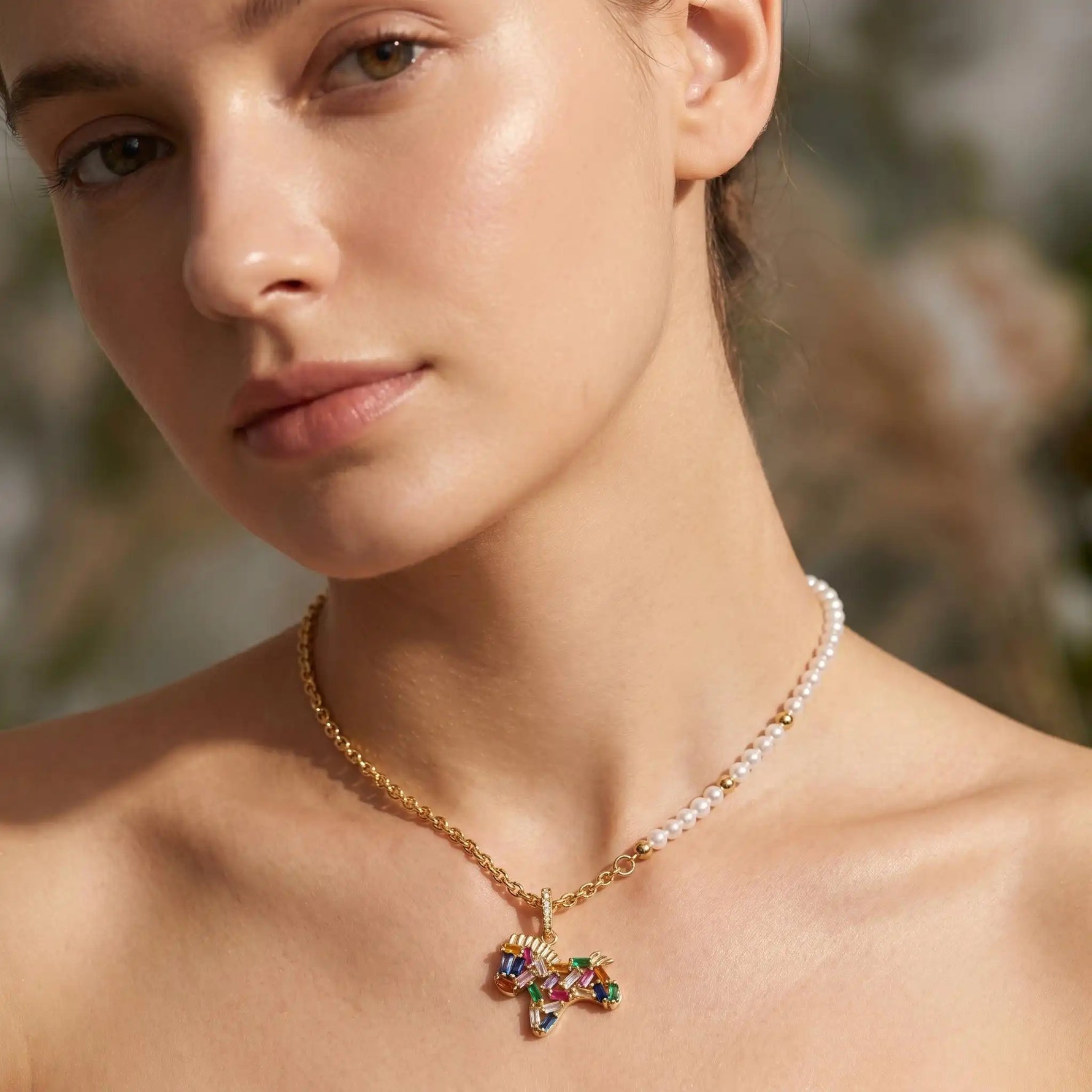 Colorful Crystal Pony Pearl Spring Pendant Necklace