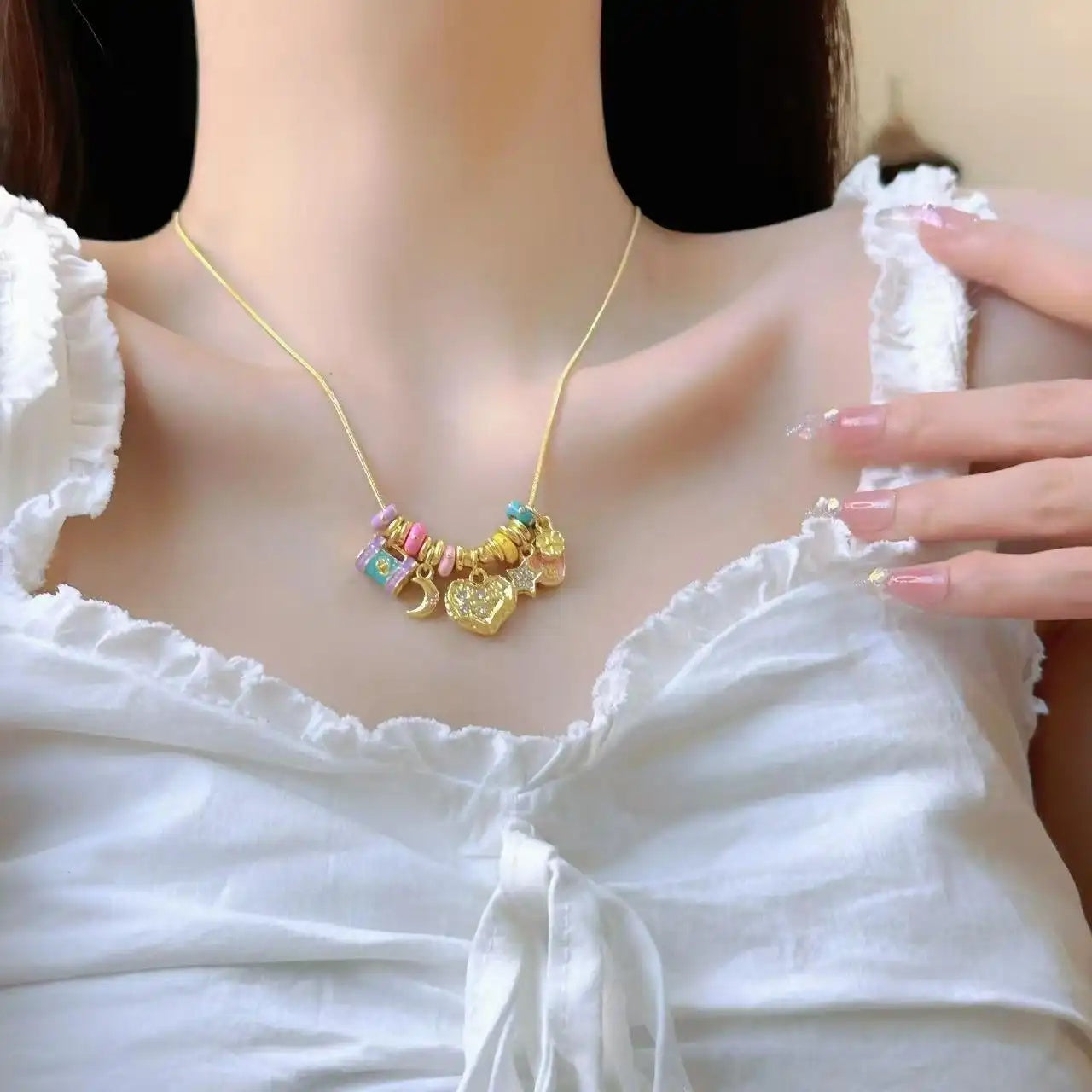 Colorful Enamel Star and Moon Necklace