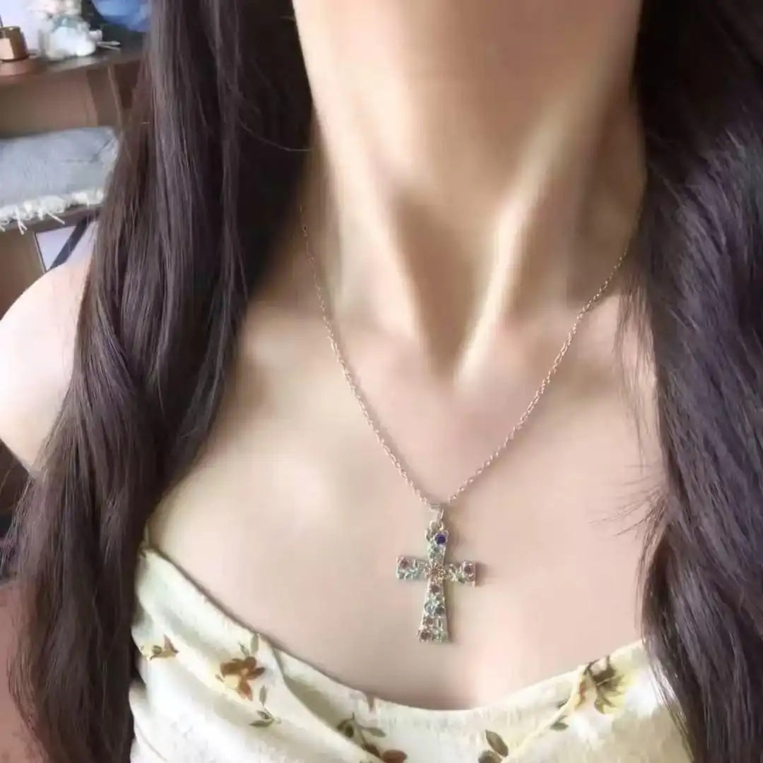 Colorful Flower Cross Small Plum Necklace