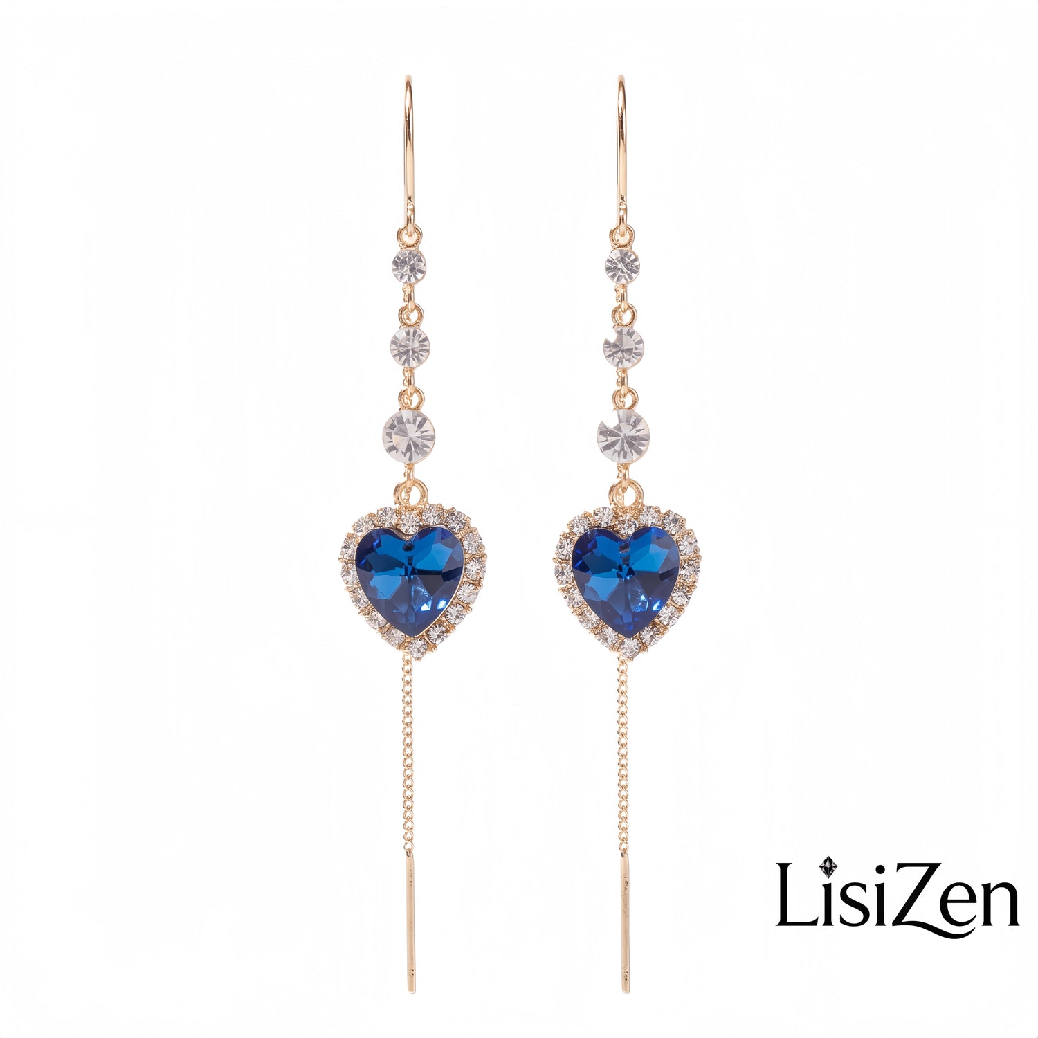 Connected Hearts Blue Heart Tassel Drop Earrings