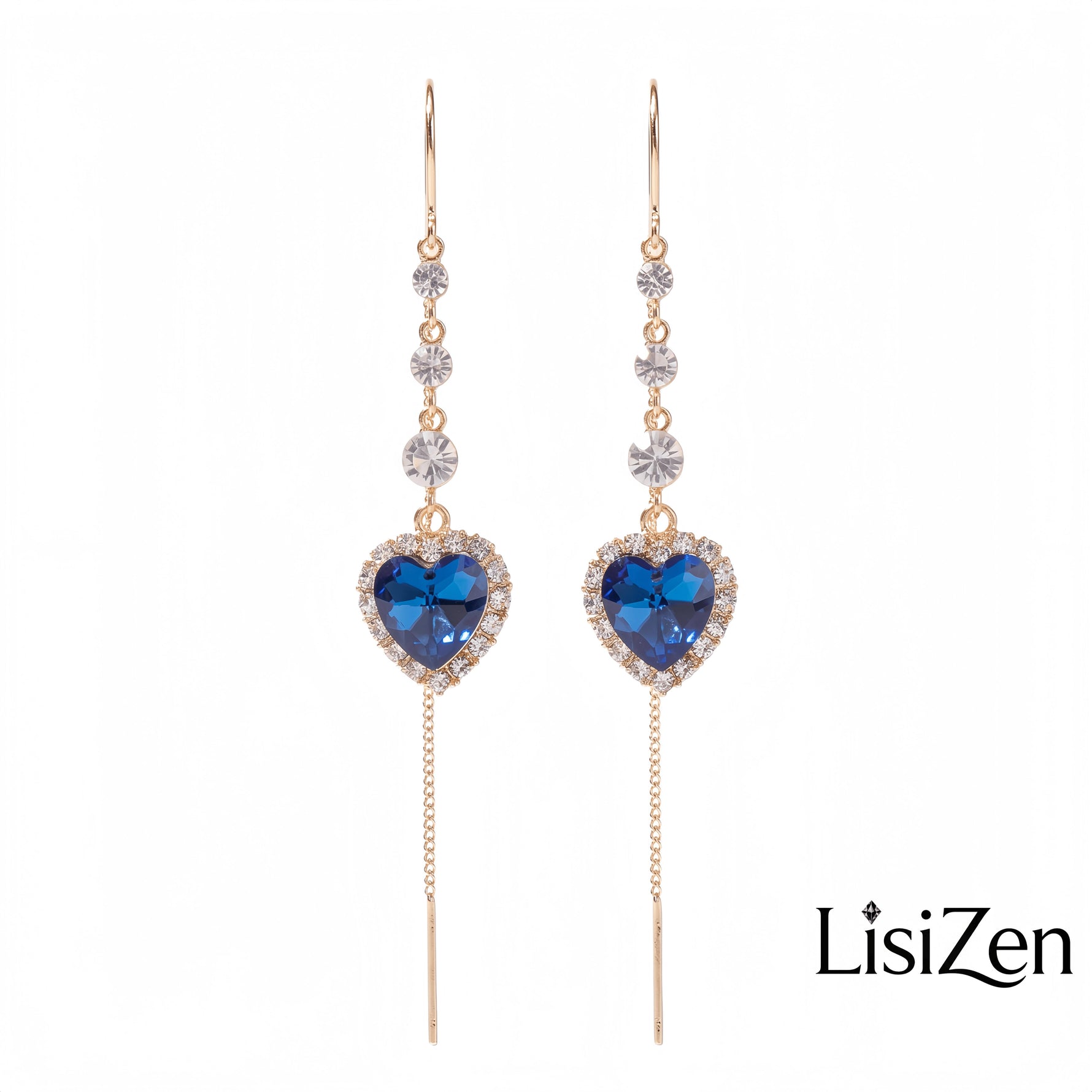 Connected Hearts Blue Heart Tassel Drop Earrings