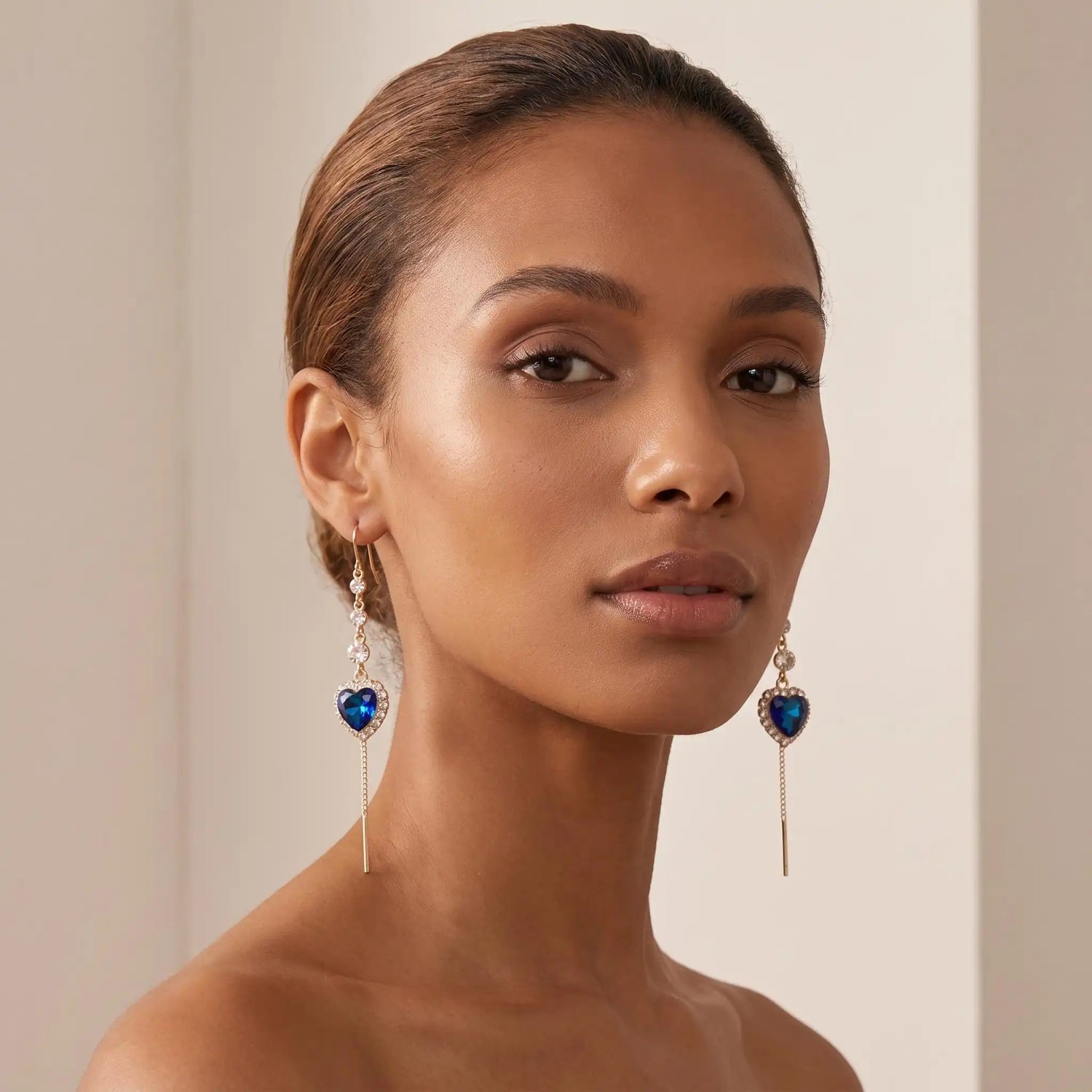 Connected Hearts Blue Heart Tassel Drop Earrings