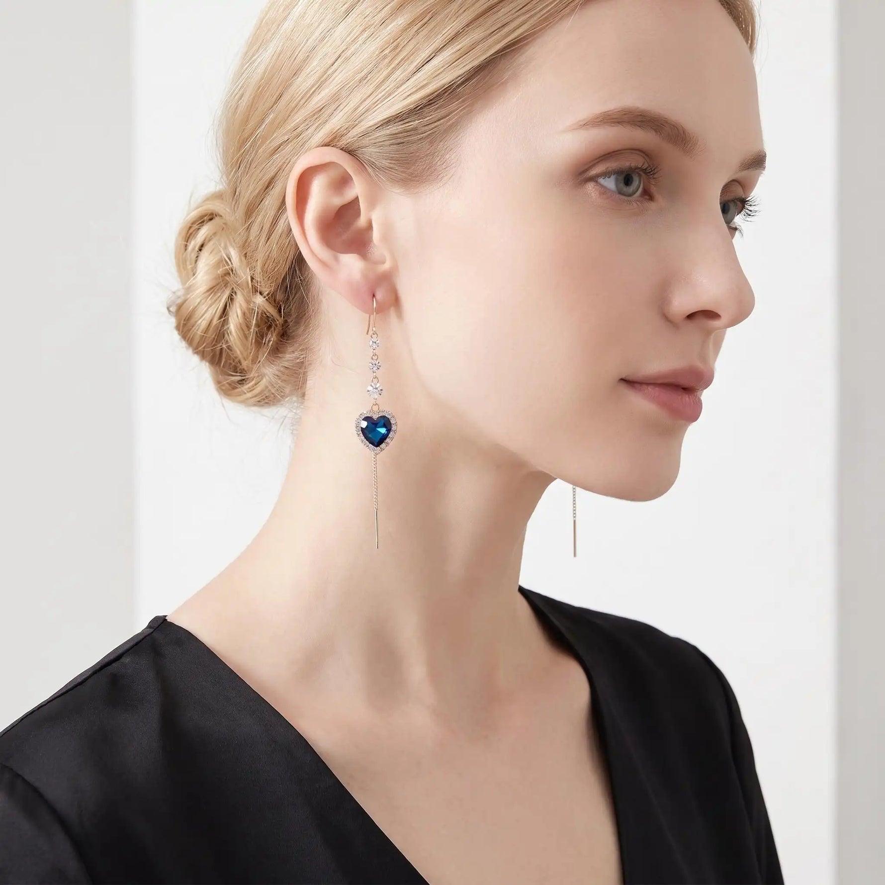 Connected Hearts Blue Heart Tassel Drop Earrings
