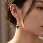 Connected Hearts Blue Heart Tassel Drop Earrings