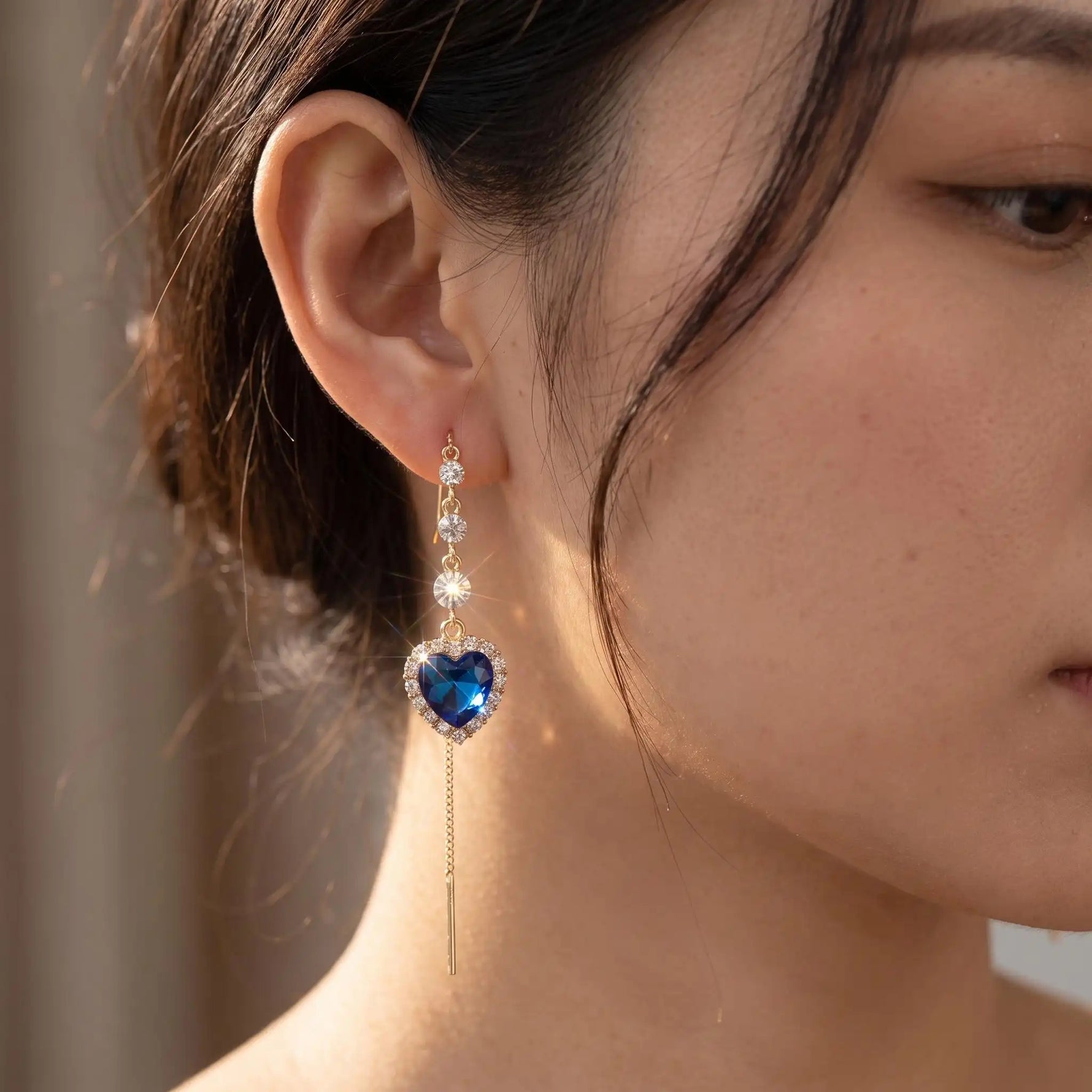 Connected Hearts Blue Heart Tassel Drop Earrings