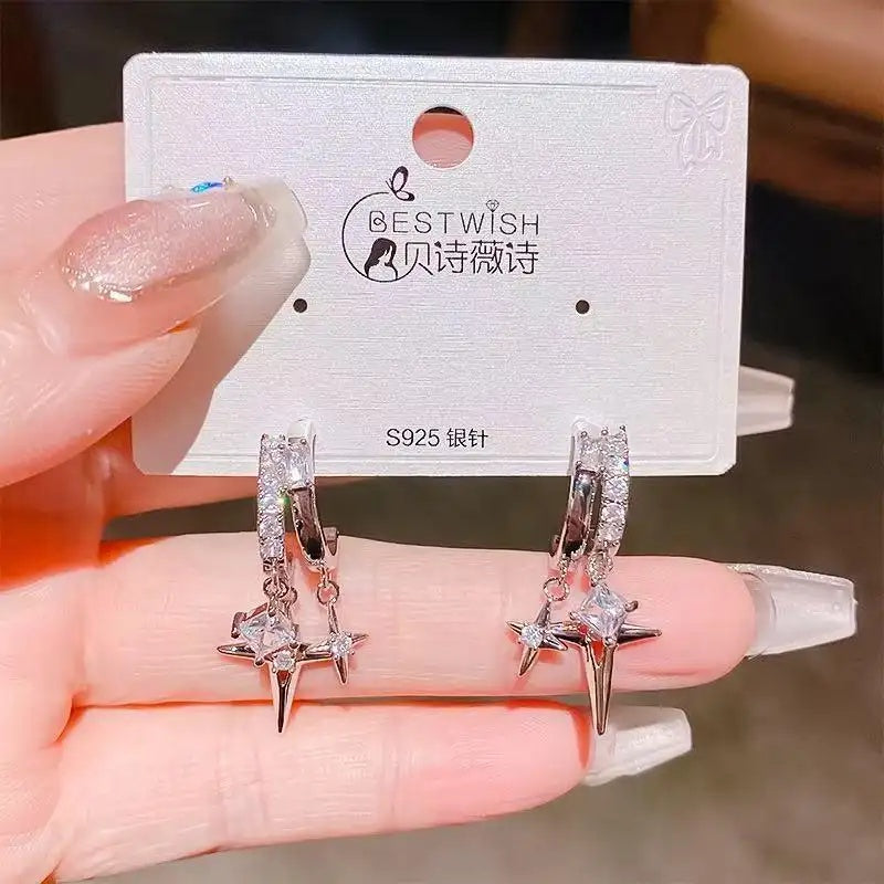 Cross Star Crystal Four-Pointed Star Earrings