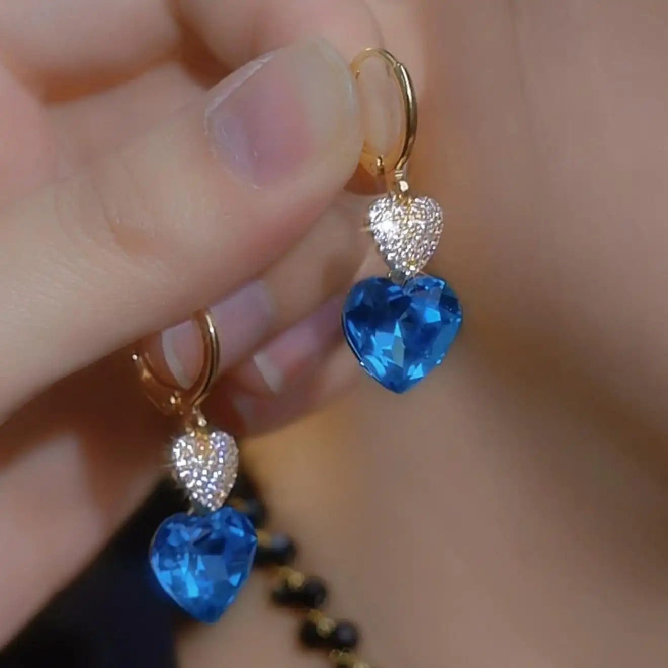 Crystal Blue Heart Hook Earrings