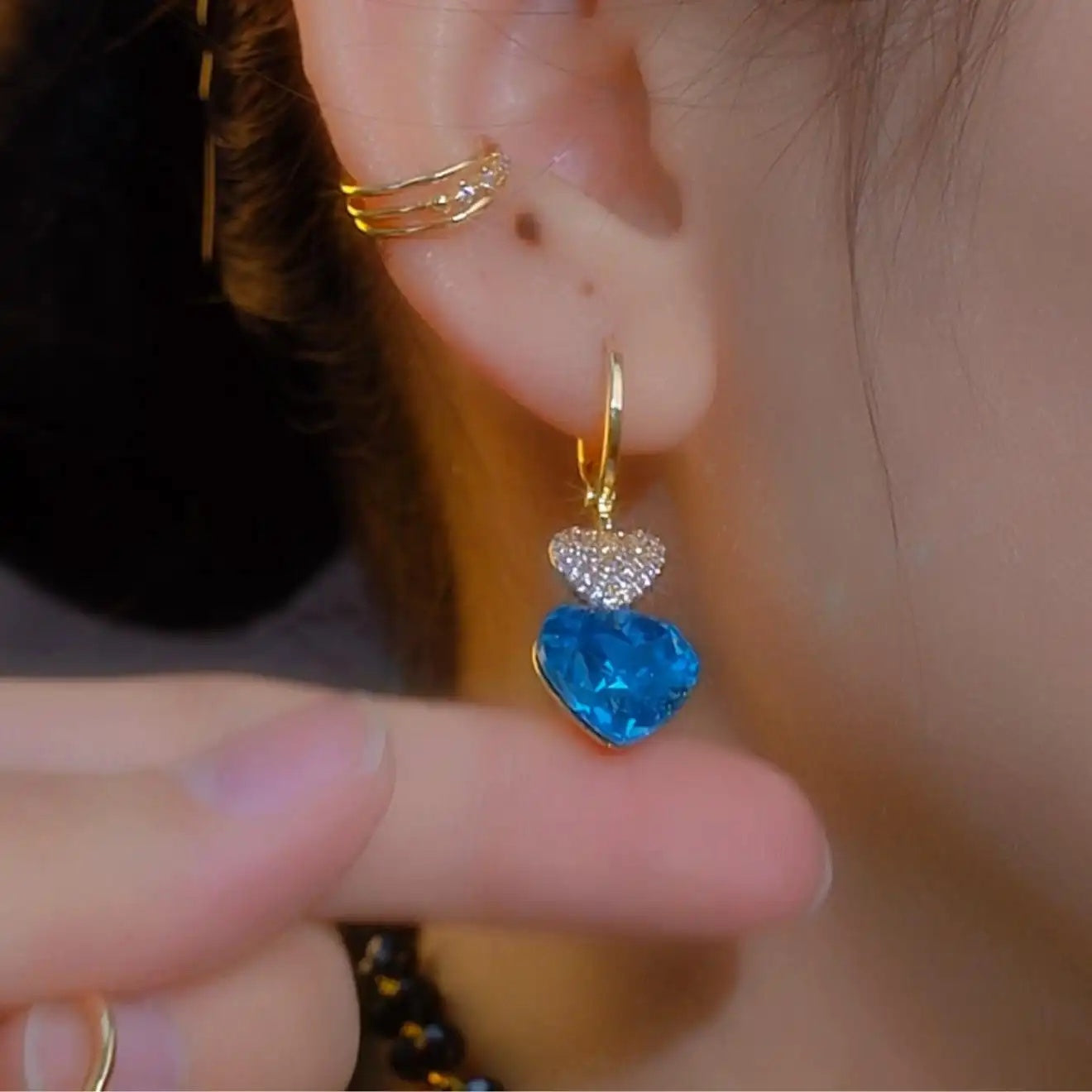Crystal Blue Heart Hook Earrings
