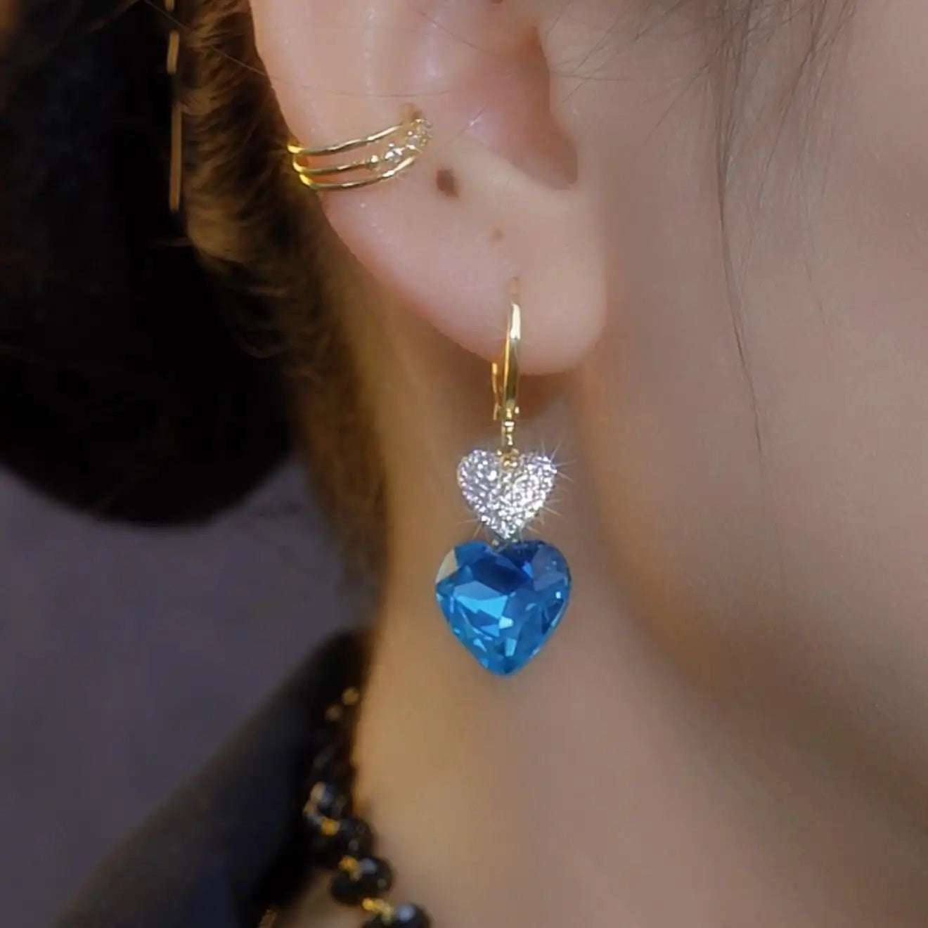 Crystal Blue Heart Hook Earrings
