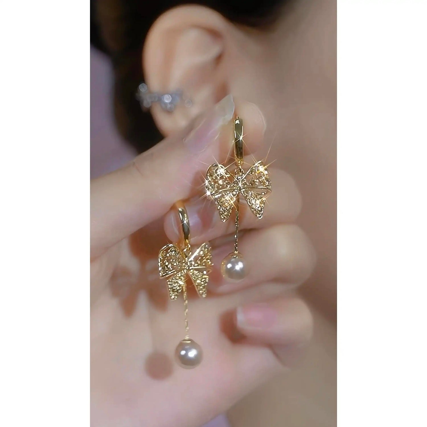 Crystal Bow Pearl Tassel Drop Earrings
