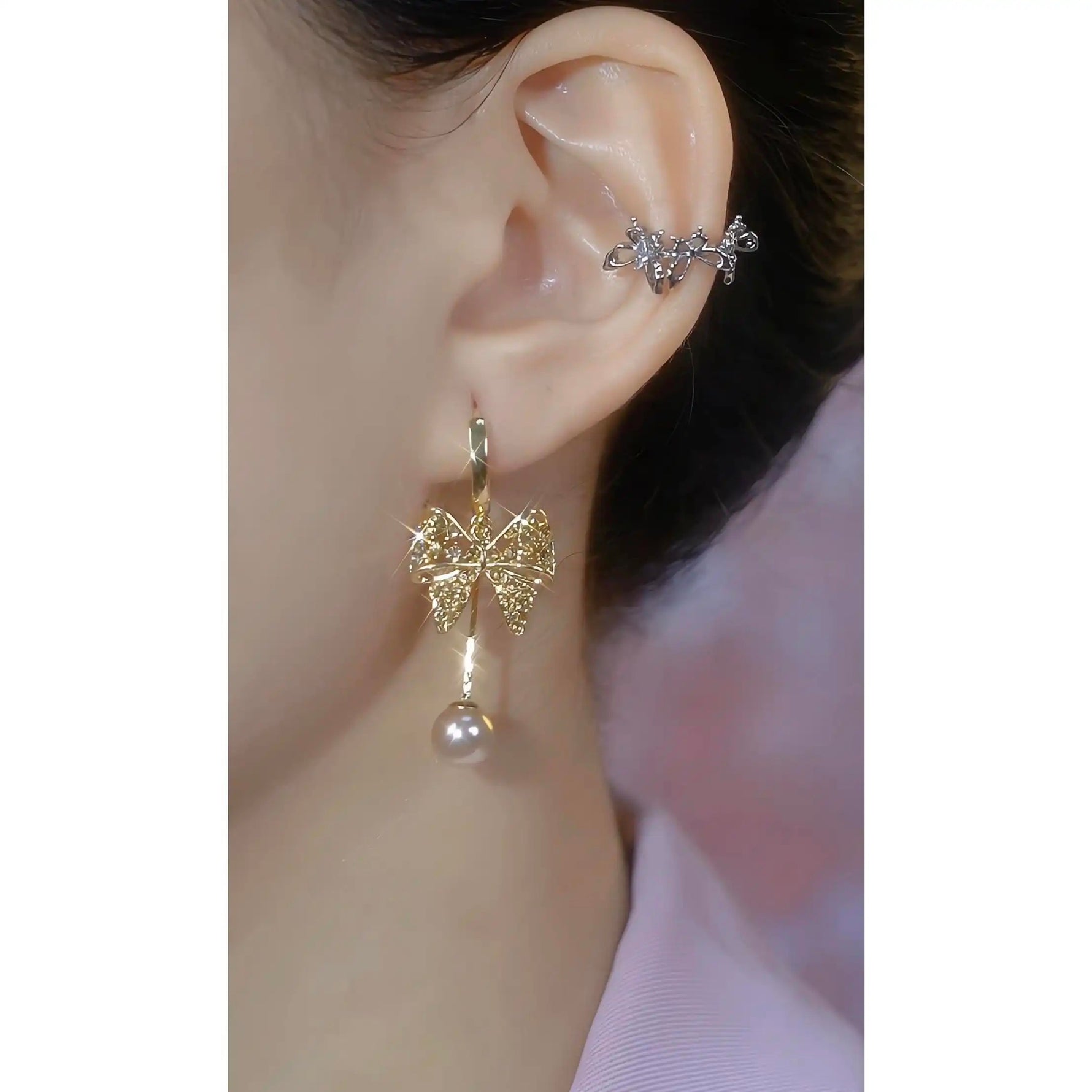 Crystal Bow Pearl Tassel Drop Earrings