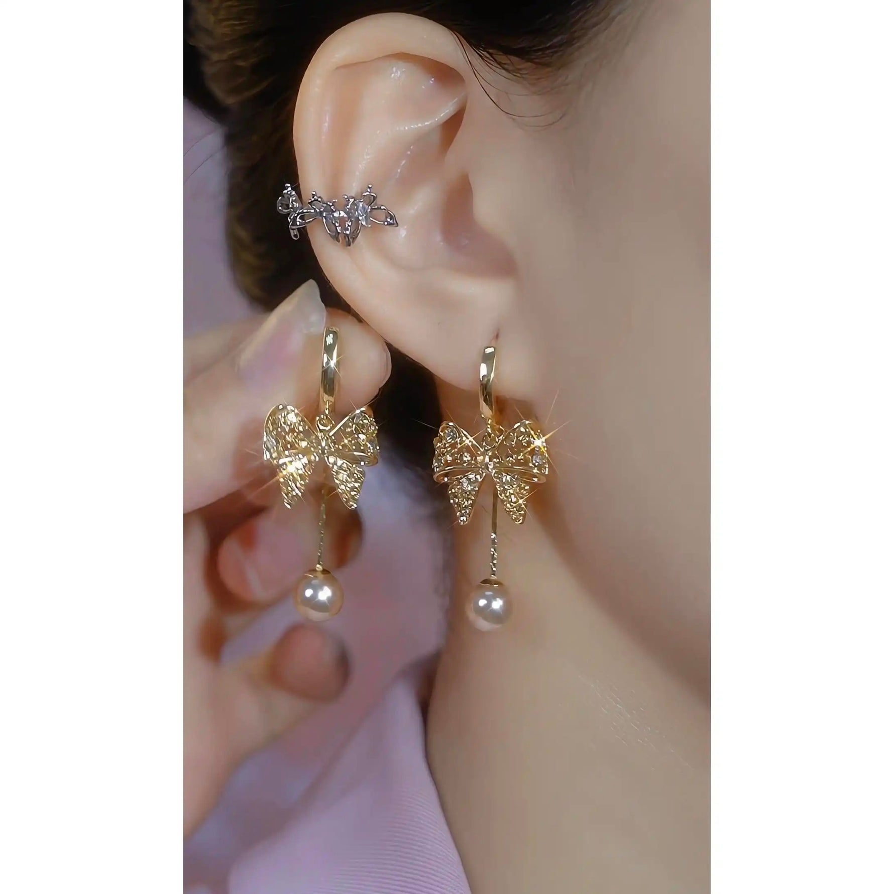 Crystal Bow Pearl Tassel Drop Earrings
