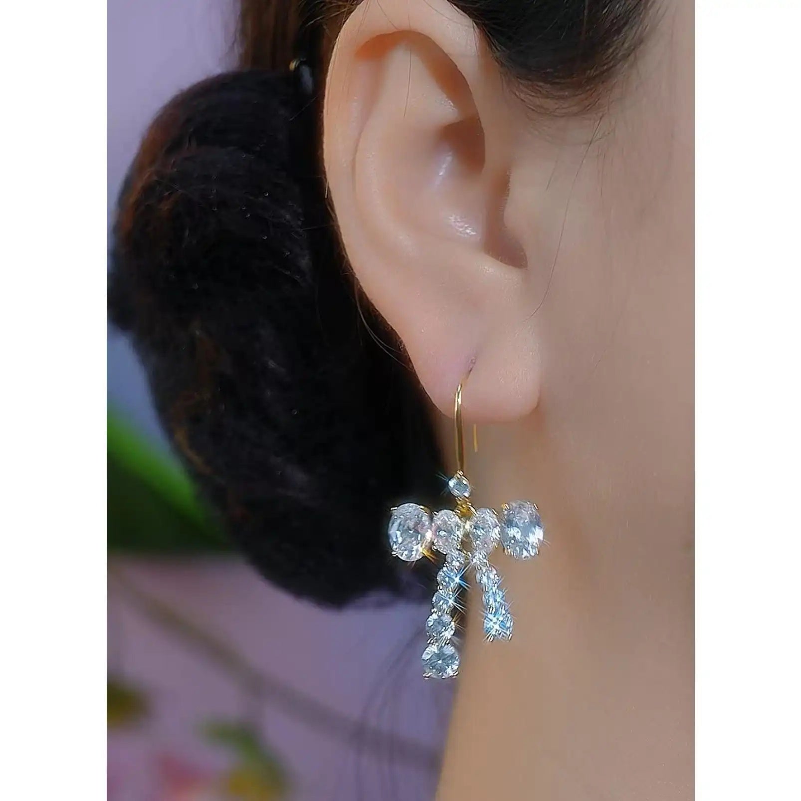 Crystal Bow Tassel Ear Hooks Drop Earrings