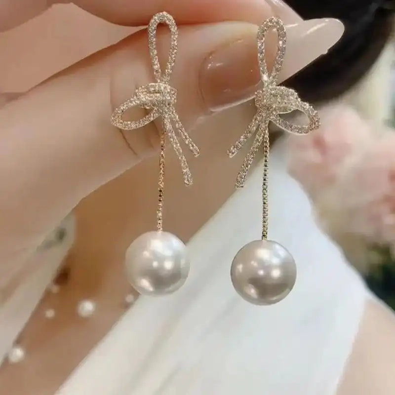 Crystal Bowknot Pearl French Retro Earrings