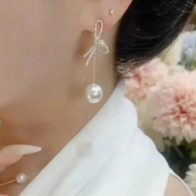 Crystal Bowknot Pearl French Retro Earrings
