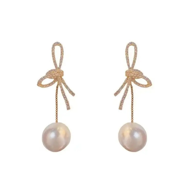 Crystal Bowknot Pearl French Retro Earrings