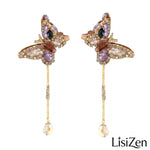 Crystal Butterfly Tassel Drop Earrings