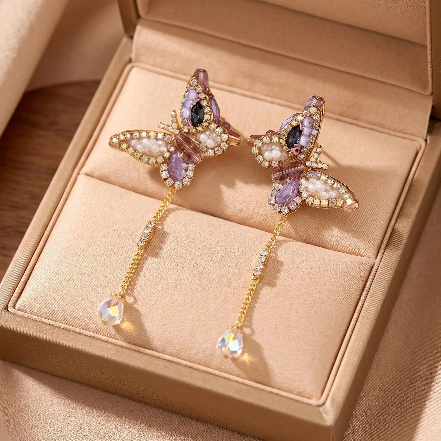 Crystal Butterfly Tassel Drop Earrings