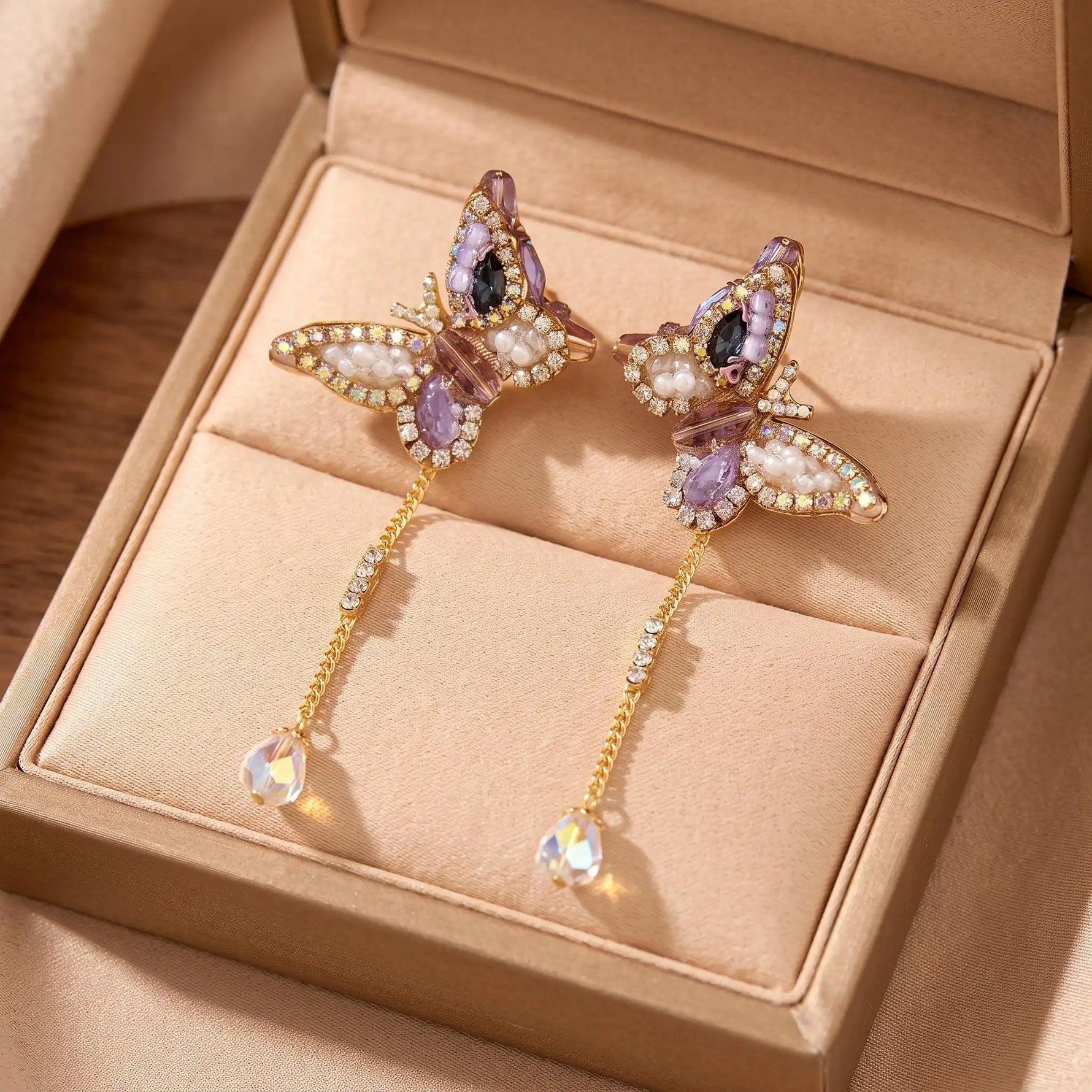 Crystal Butterfly Tassel Drop Earrings