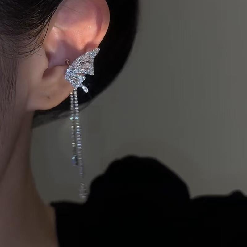 Crystal Butterfly Wing Clip-On Long Drop Earrings
