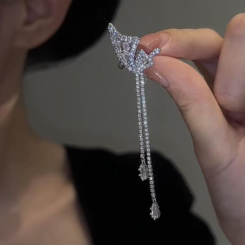 Crystal Butterfly Wing Clip-On Long Drop Earrings
