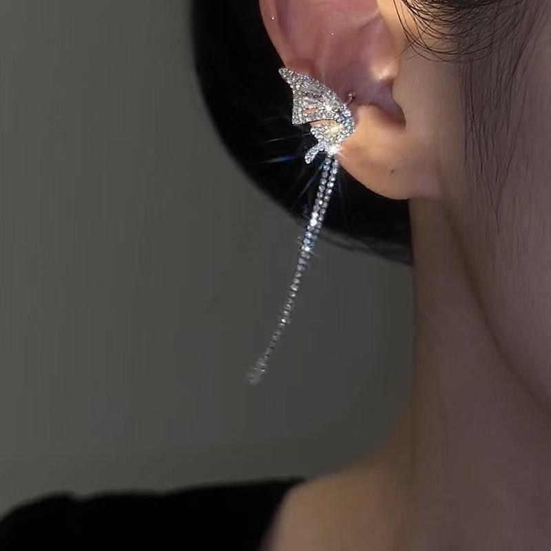 Crystal Butterfly Wing Clip-On Long Drop Earrings