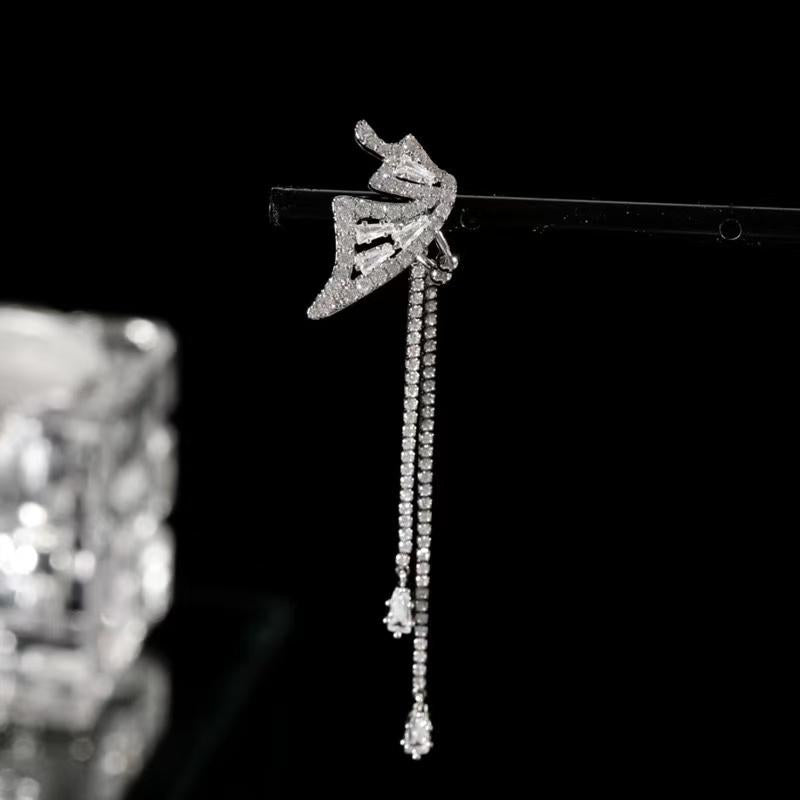 Crystal Butterfly Wing Clip-On Long Drop Earrings