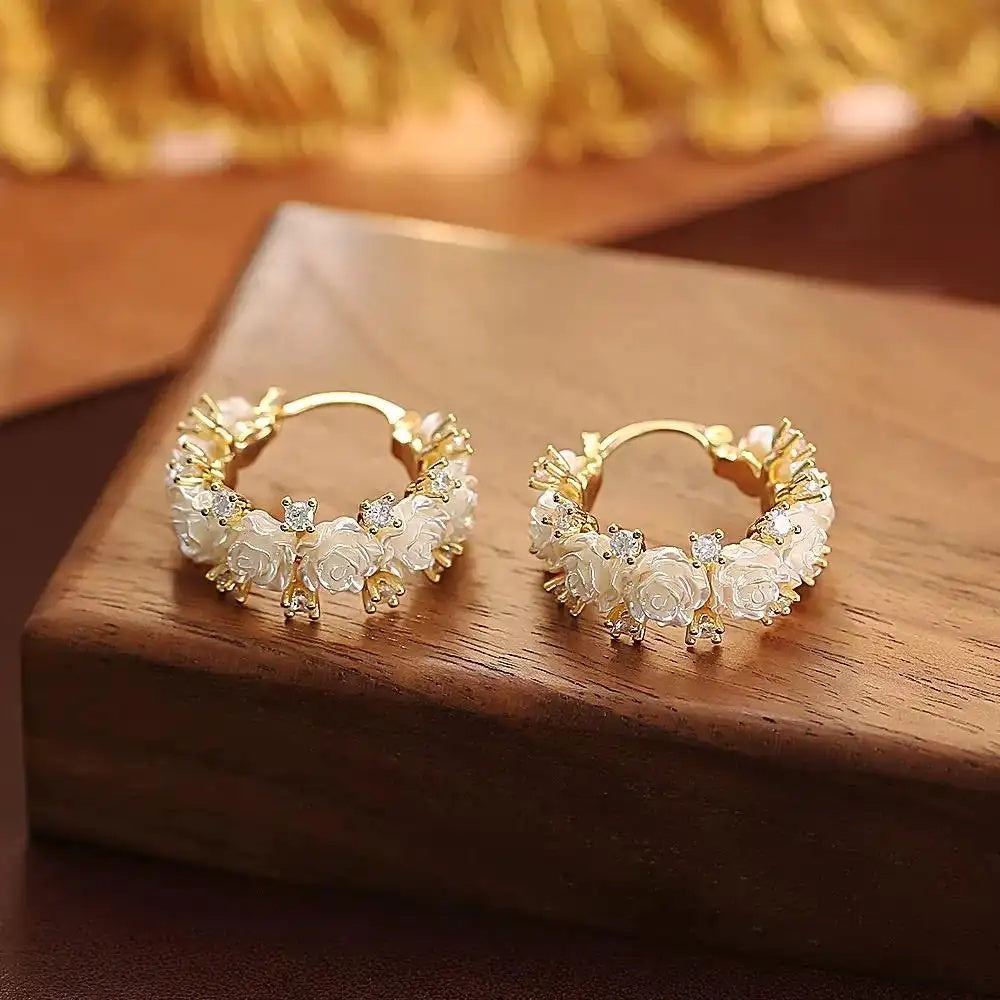 Crystal Circle White Rose Earrings