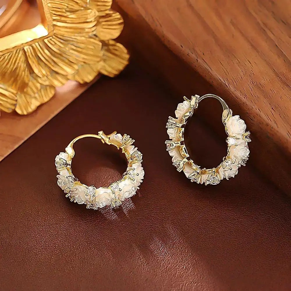 Crystal Circle White Rose Earrings