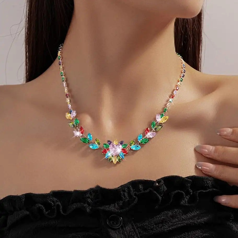 Crystal Colorful Leaf Heart Retro Necklace Set