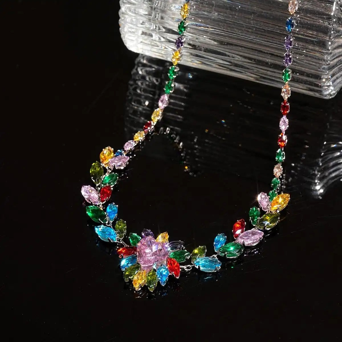 Crystal Colorful Leaf Heart Retro Necklace Set