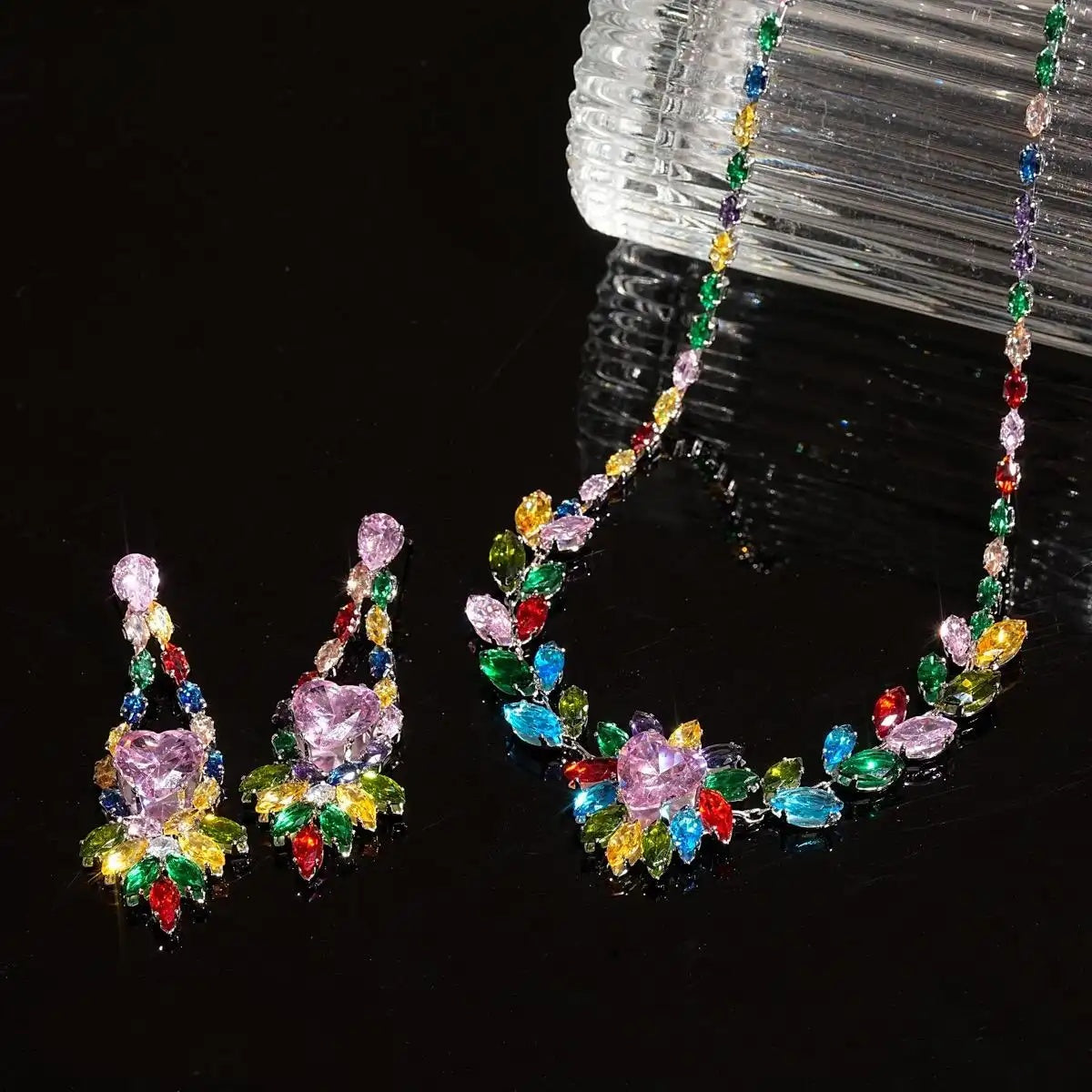 Crystal Colorful Leaf Heart Retro Necklace Set