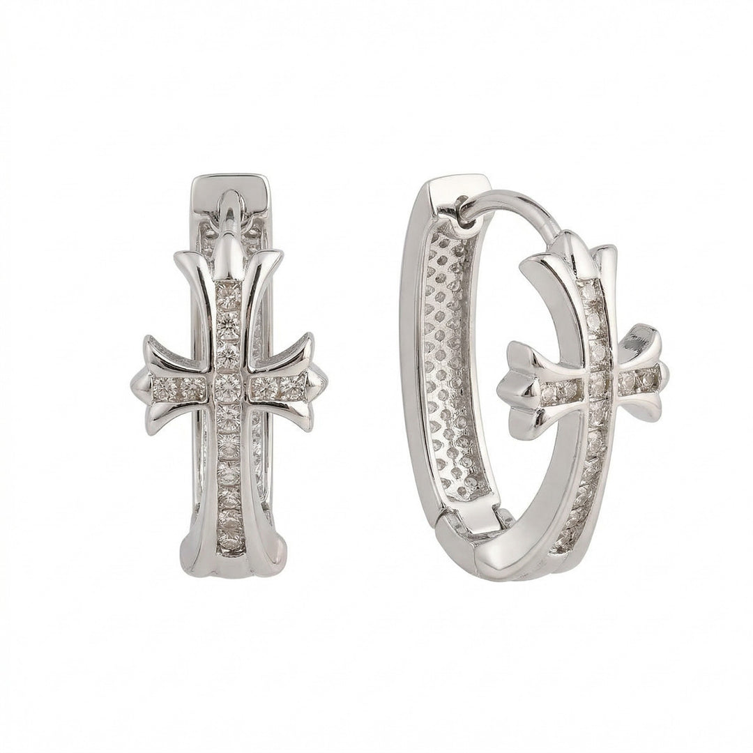 Silver Crystal Cross Hoop Earrings on a white background