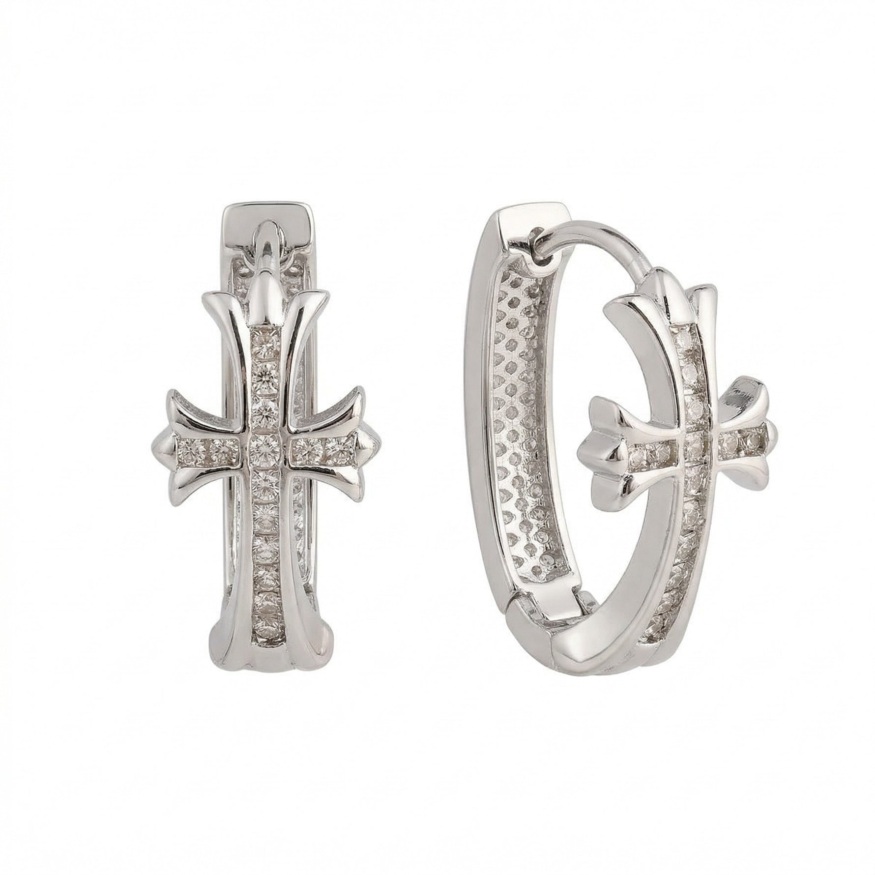 Silver Crystal Cross Hoop Earrings on a white background